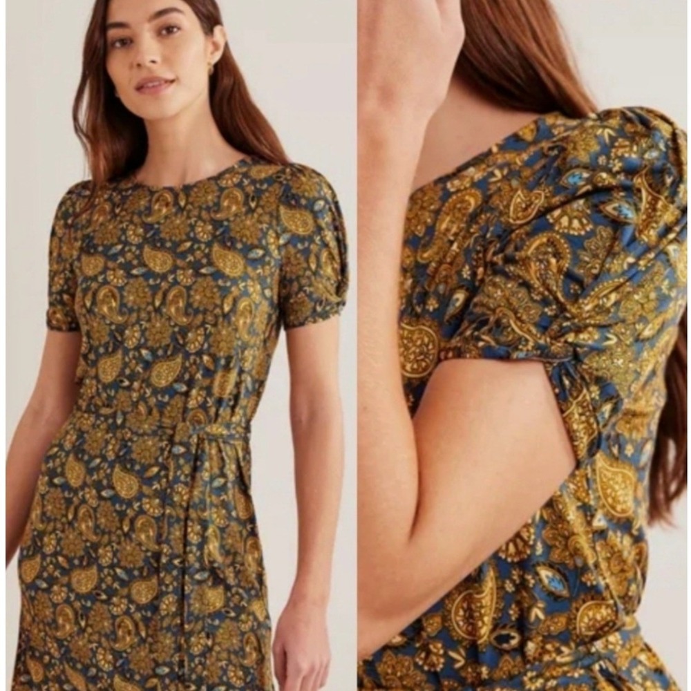 Boden Blue Gold Paisley Floral Puff Sleeve Jersey Mini Dress US 2R D0534